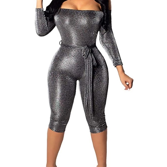 Pants - Glitter Off Shoulder 3/4 Sleeve Jumpsuit